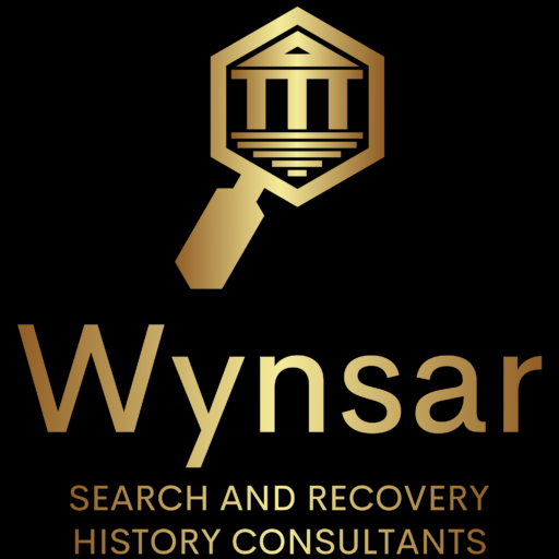 Gold magnifying glass with a building inside, above Wynsar Search and Recovery History Consultants on black.