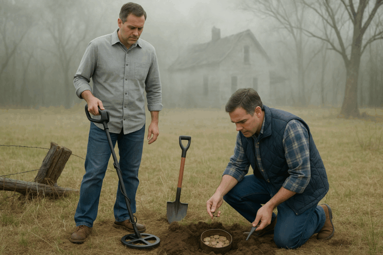 Two men use a metal detector and dig up coins in a field near an old house on a foggy day.